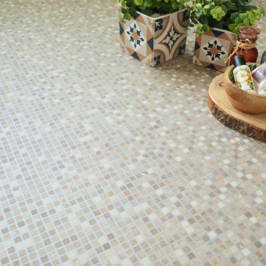 Sol Vinyle envers textile carrelage mosaïque beige - salle de bain