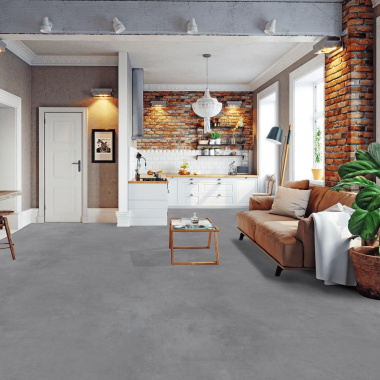 Sol Vinyle Textile Haute Performance - Effet béton - Gris minéral - cuisine ouverte