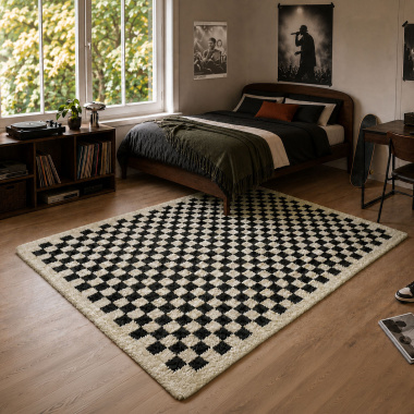 Tapis damier à poils longs Colorama - Noir et blanc habillant un séjour avec un motif graphique iconique