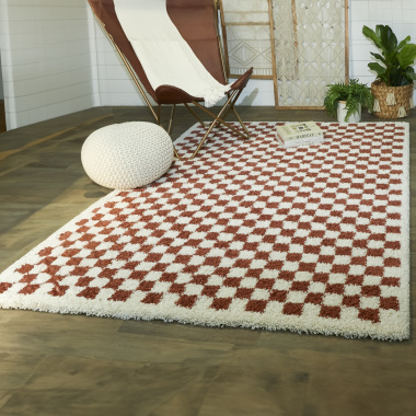 Tapis damier à poils longs - Colorama - Rouge terracotta - salon