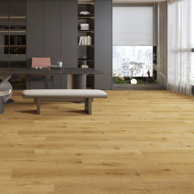 Sol parquet vinyle rigide ultime clipsable XXL Old Brown posé dans un grand espace de vie moderne