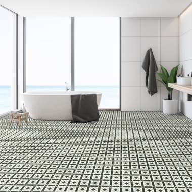 Salle de bain épurée avec Sol Vinyle Style à carreaux de ciment noir et blanc