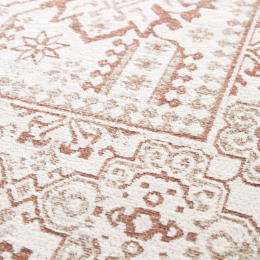 Tapis à motif oriental en tissus chenille recyclé - Janah - Crème et rouge brique - gros plan