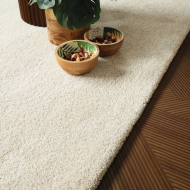 Tapis sur mesure rembordé Lumicolor, coloris beige clair résistant à la lumière et aux taches
