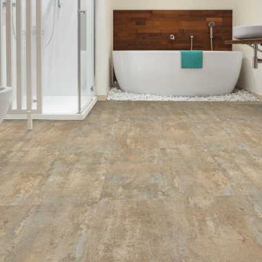 Dalle sol vinyle rigide Performance - Clic 5G - Béton beige posée dans une salle de bain moderne