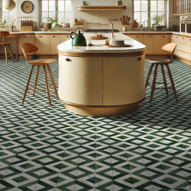 Cuisine lumineuse avec sol vinyle éco-conçu Losanges de marbre vert et blanc
