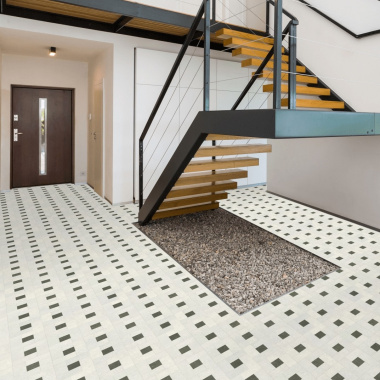 Sol vinyle textile économique dalles de sol avec cabochon noir et gris - entrée couloir