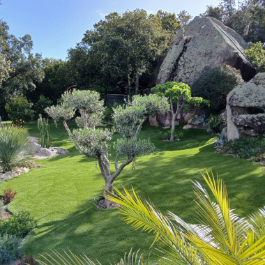 Gazon synthétique Monaco 49 mm dans un espace paysager naturel