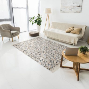 Tapis motif berbère à franges - Tribus du désert - Bleu touareg, camel - salon