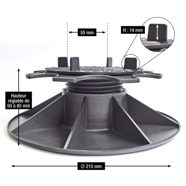 Plot terrasse - Lambourde larg. max. 55 mm - Hauteur réglable de 5 à 8,5 cm - Schéma du plot