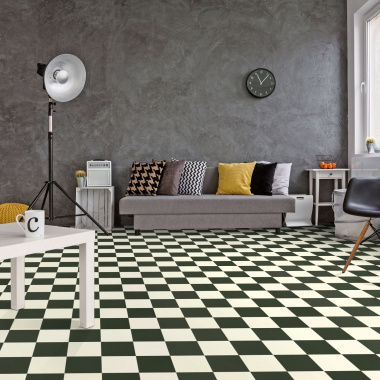 Sol Vinyle Happy Days - Carrelage damier droit - Noir et blanc - salon