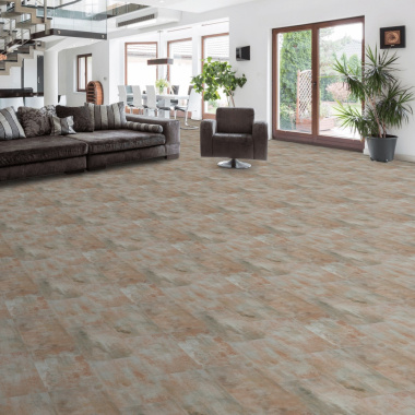 Salon moderne avec Dalle Sol PVC - Click à plat 0,55 - Effet métal rouillé marron