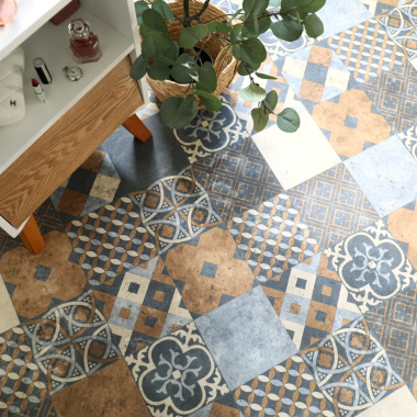 Sol PVC Best - Carreaux Art Déco - Terre de Sienne et Bleu Gris - Vue de haut