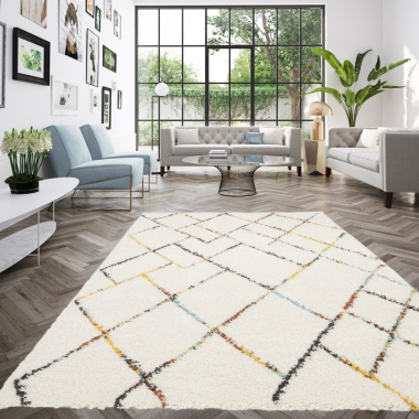 Tapis motif berbère - Nelya - Écru et traits multicolore - salon