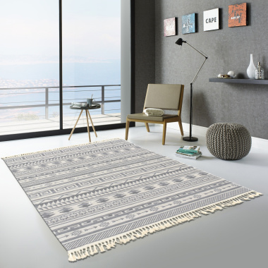 Tapis en coton blanc à franges - Aztèque - Motifs gris - salon