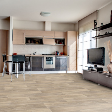 Sol Vinyle Envers Textile Harmonie - Aspect parquet chêne lin cérusé - cuisine ouverte