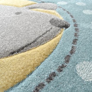 Tapis Mérinos Enfant Doggy - Chien marrant - Bleu à pois - gros plan