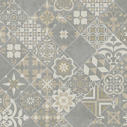 Sol Vinyle Textile Relief 3D - Carreaux de ciment floral gris et beige - Sans perspective