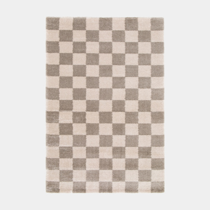 Tapis doux  motif damier en matire recycle - Damia - Taupe et crme