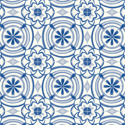 Sol Vinyle Textile Rénove - Effet carreaux de ciment Andalousie - Bleu, motif géométrique floral inspiré des azulejos