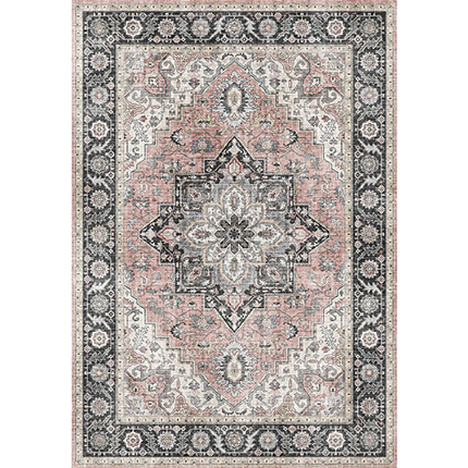 Tapis doux  motif oriental - Yasmine - Bleu nuit et rose