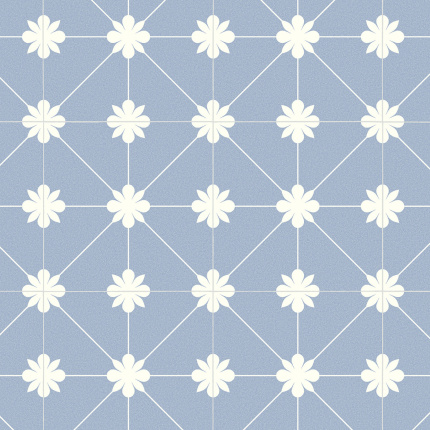 Carreau au motif géométrique à fleurs blanches sur fond bleu ciel – Sol Vinyle Élite Lexington Bloom bleu azur envers textile