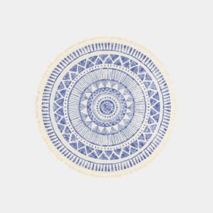 Tapis rond en coton blanc  franges - Aztque - Motifs bleu