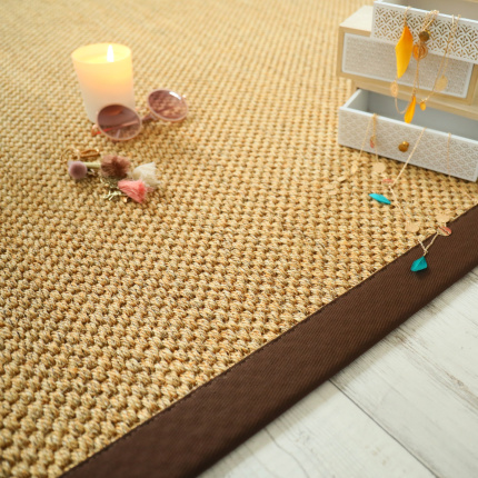 Tapis sisal naturel grosses boucles chaume finition marron - salon