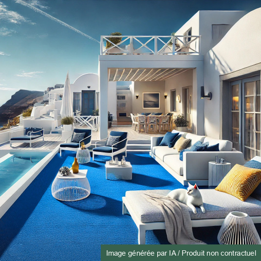 Terrasse de rêve habillée de la moquette outdoor sur plots - Piscine et Spa - Bleu