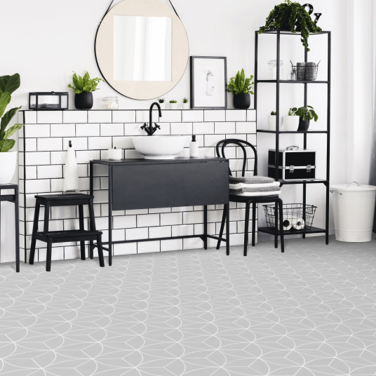 Sol vinyle textile économique rosace géométrique Gris - salle de bain