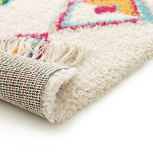 Envers du tapis à motif berbère à franges Héritage du désert multicolore et finitions tissées