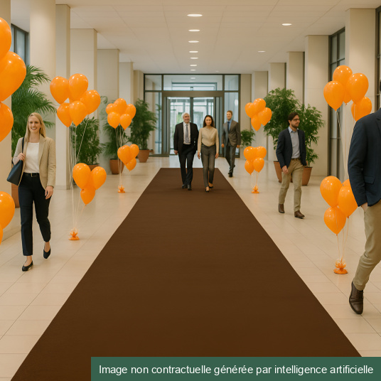 Moquette Revexpo marron, velours ras pour événementiel, posée dans un hall décoré de ballons orange