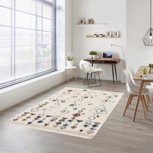 Tapis motif berbère à franges - Empreinte du désert - Bleu touareg, camel - bureau