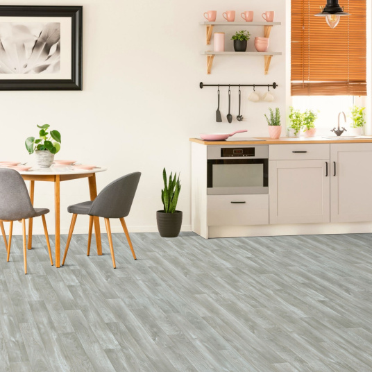 Sol Vinyle First - Imitation parquet gris clair - Effet argenté - Cuisine