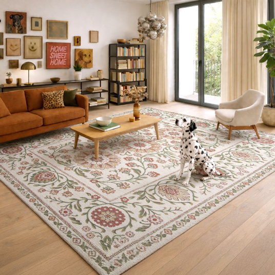 Tapis salon motif floral Minia pêche en tissu recyclé doux avec ambiance déco tendance