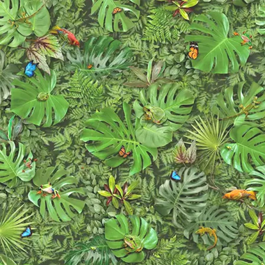 Sol Vinyle Textile Relief 3D imprimé Faune et flore tropicale avec feuilles exotiques et animaux en très haute définition