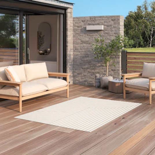 Tapis recyclé Graphic Line beige, lignes épurées et teintes naturelles pour extérieur