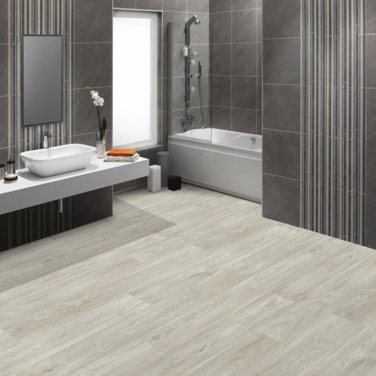Sol Vinyle Textile Grande largeur - Aspect parquet chêne blanchi - Salle de bain