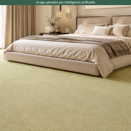 Moquette ultra douce Kawaii - Vert tendre associée à une décoration aux tons beiges dans une chambre élégante