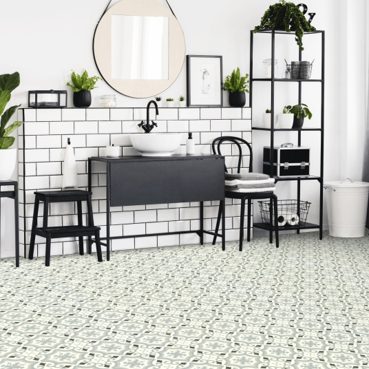 Sol Vinyle Textile Rénove acoustique - Effet carreaux de ciment arabesque gris bleuté - Salle de bain