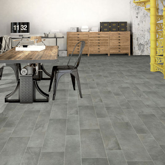 Sol Vinyle Textile Rénove - Imitation Carrelage industriel gris - Salle à manger