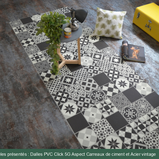 Association de dalles PVC Click 5G Mix and Match : Carreaux de ciment et Acier vintage