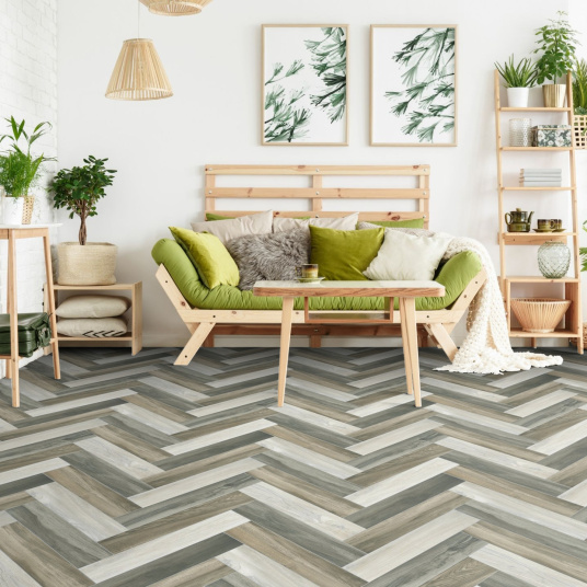 Sol Vinyle Link - Imitation parquet coloré bâton rompu - Surface satinée - Ambiance salon