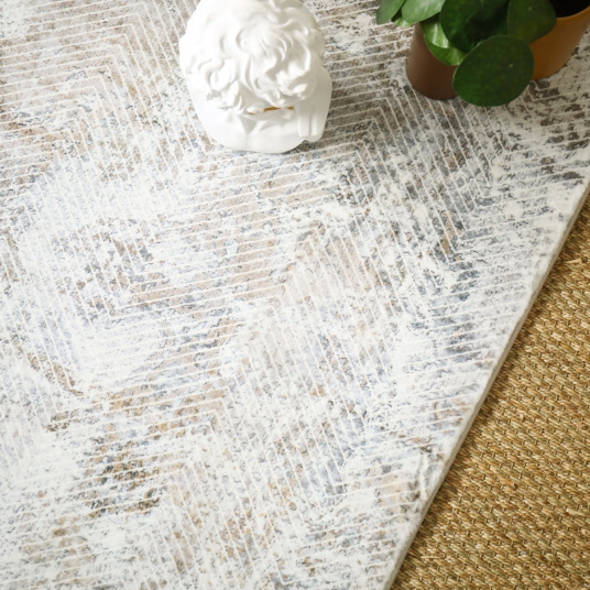 Tapis salon en velours Archi blanc marbré marron et camel - vue du dessus