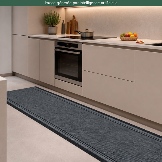 Tapis de couloir et d'entrée anthracite - Antidérapant au mètre installé devant un linéaire de cuisine moderne