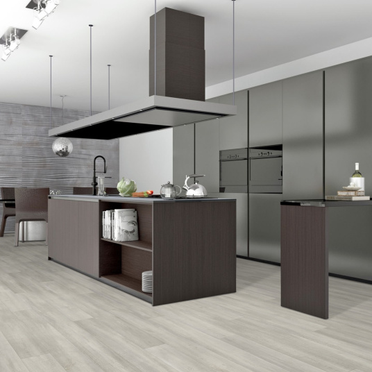 Sol Vinyle Textile Grande largeur - Parquet trait de scie - Chêne gris blanchi - cuisine