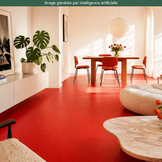 Sol Vinyle - Essentiel Color - Uni rouge dans un salon contemporain avec mobilier clair et décoration design