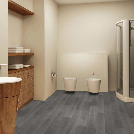 Sol Vinyle Textile Spécial Rénovation - Parquet lames larges - Bois gris anthracite - salle de bain