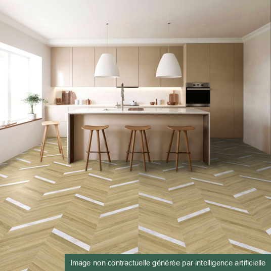 Cuisine moderne avec sol en vinyle éco-conçu chevrons marbre et chêne naturel