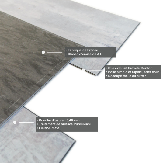 Dalle vinyle - Gerflor Senso Clic 3 - Gotha clear présentant en perspective les différentes couches de la dalle